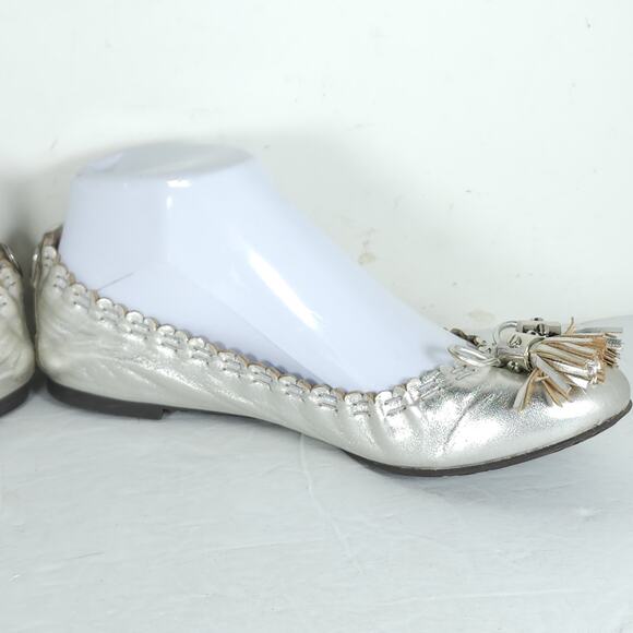 TORY BURCH Women's Reese US 6,5M Silver Leather Tassels Logo SlipOn Ballet Flats - Picture 7 of 16